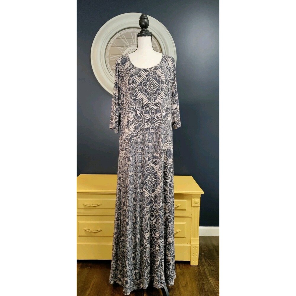 Soft Surroundings Maxi Dress Women's 2XL Navy Blue Beige Geometric Pattern L-59"